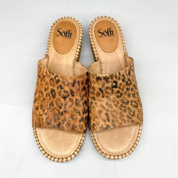 Sofft Shoes - Sofft Womens 10M Slide Sandals Shoes Brown Leopard Print Leather Mules Boho Chic